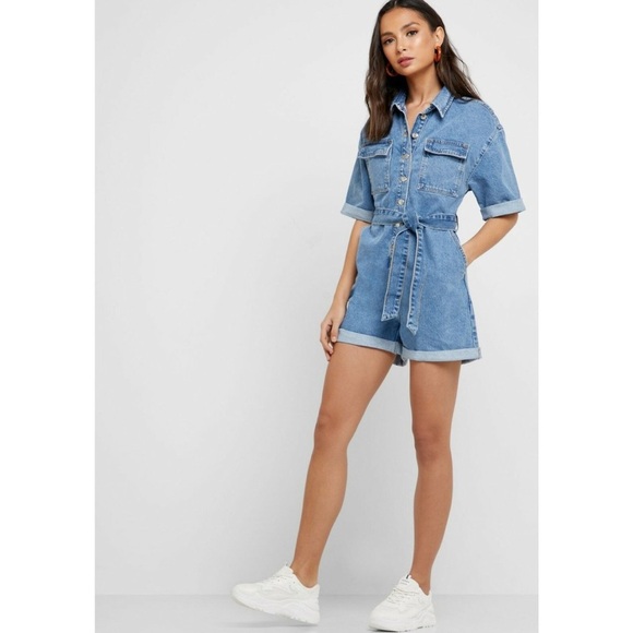 Topshop Denim Cotton Playsuit Romper Belted Size 8 - Picture 1 of 8
